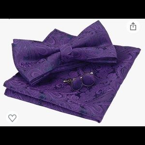 Beautiful violet paisley bow tie, pocket square and cuff link set with gift box